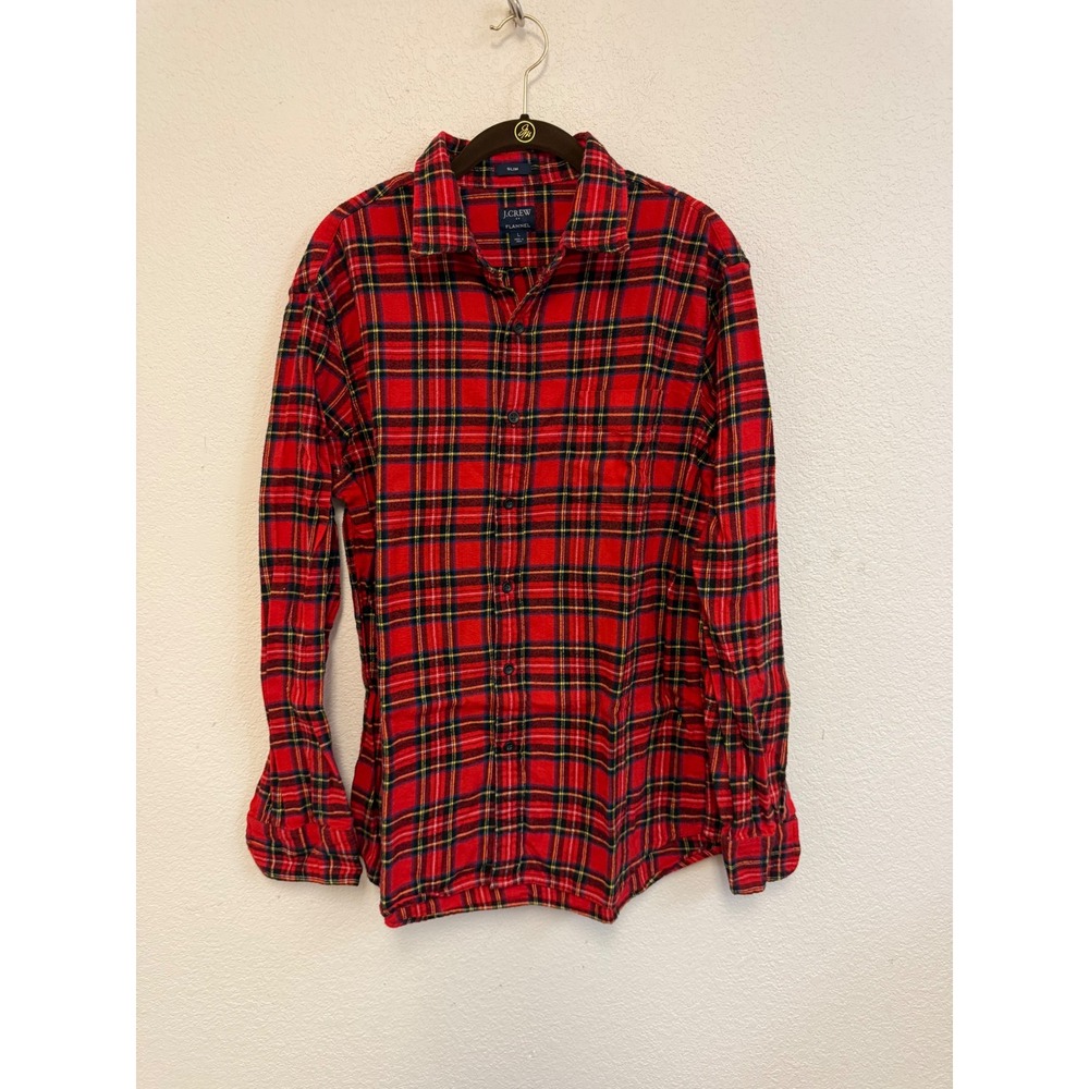 J.Crew Mens Slim Fit Flannel Shirt Red Tartan Plaid Cotton Long Sleeve Large